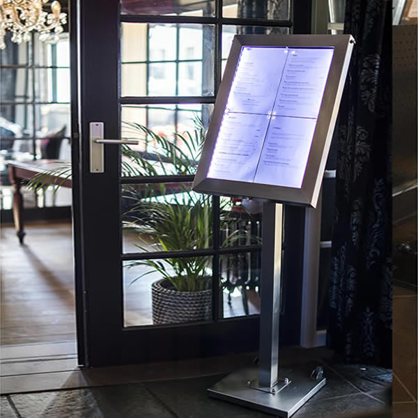 Menu Display Metal Securit Stainless Steel LED Menu Stand | 4 x A4 Display White Light Display